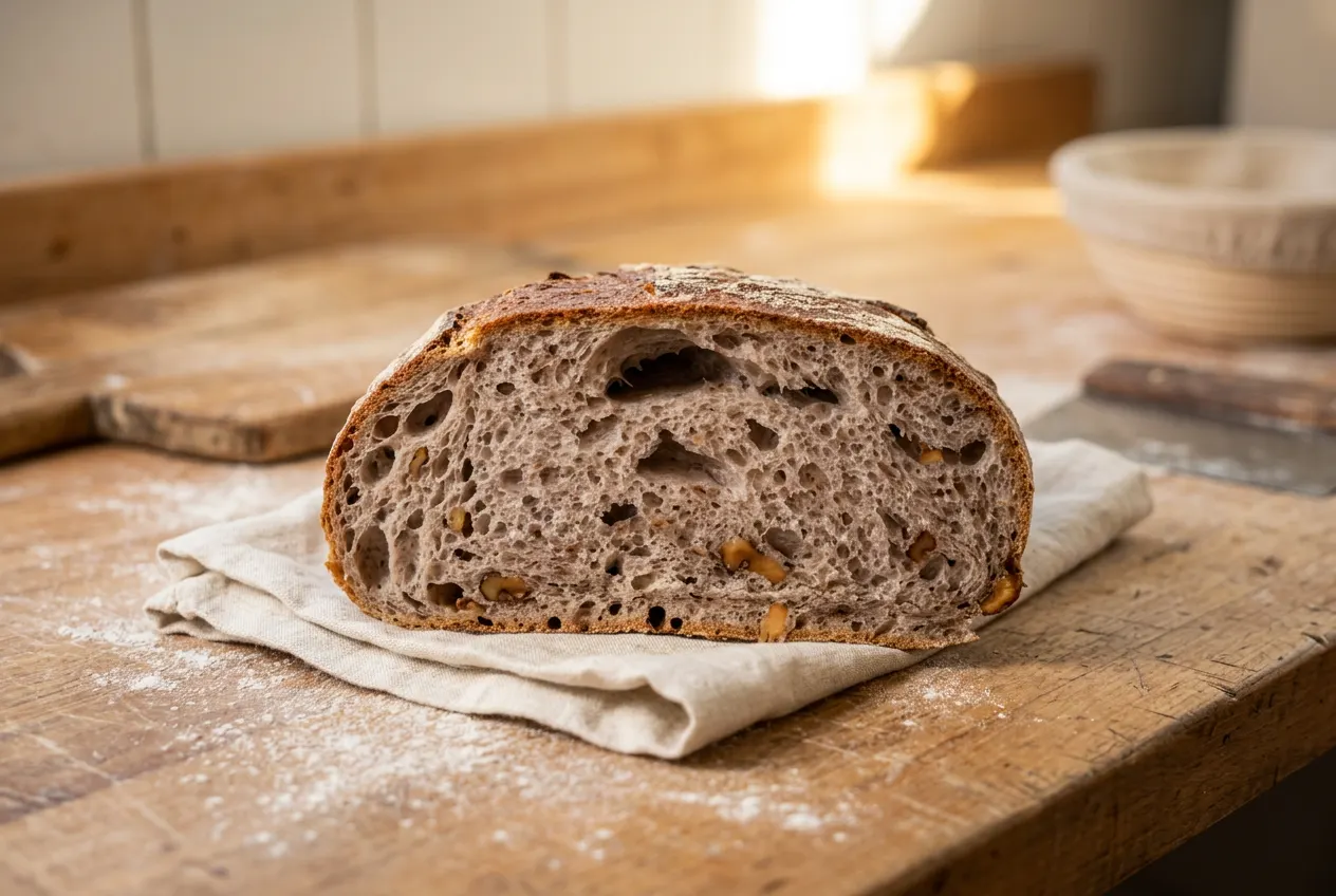 Handwerklich gebackenes Sauerteigbrot auf einem warmen Backstubentisch